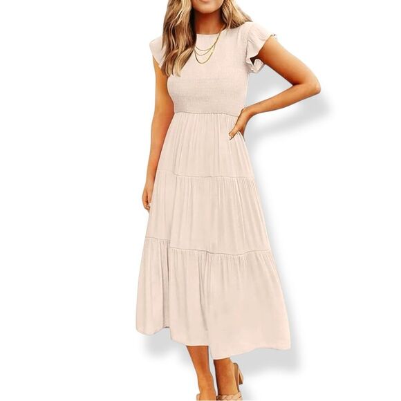 Apricot Cottagecore Smocked Tiered Midi Dress Short Sleeve Peachy Tan Medium NWT - Picture 1 of 16